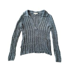 White + Warren Women's Blue Cable Knit V-Neck Polo Linen Cotton Sweater Size S